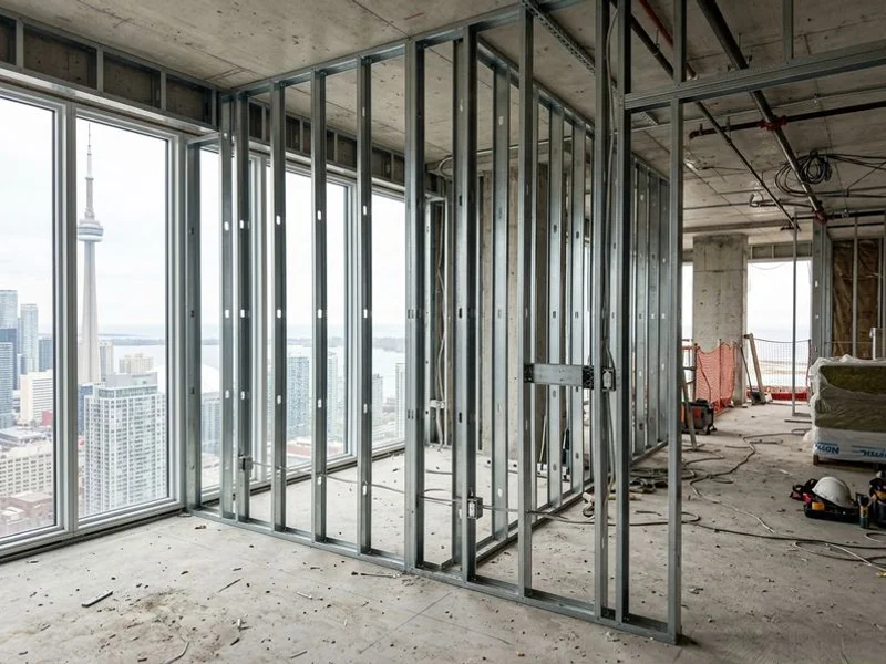 Completed steel stud framing wall ready for Type X drywall installation in Toronto attached garage