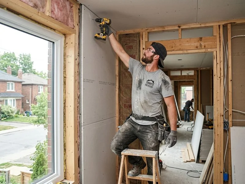 Crew hanging drywall on upper wall with power screwdriver during Toronto home renovation project