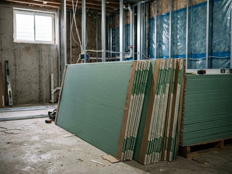 Moisture-resistant green board drywall panels stacked on site for bathroom installation in Toronto home