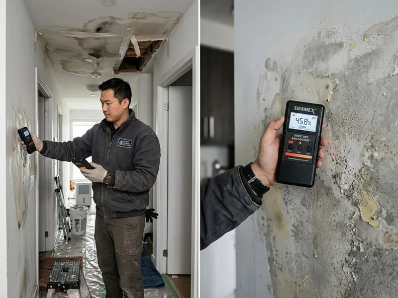 Insurance documentation photography showing water damage drywall scope before demolition begins