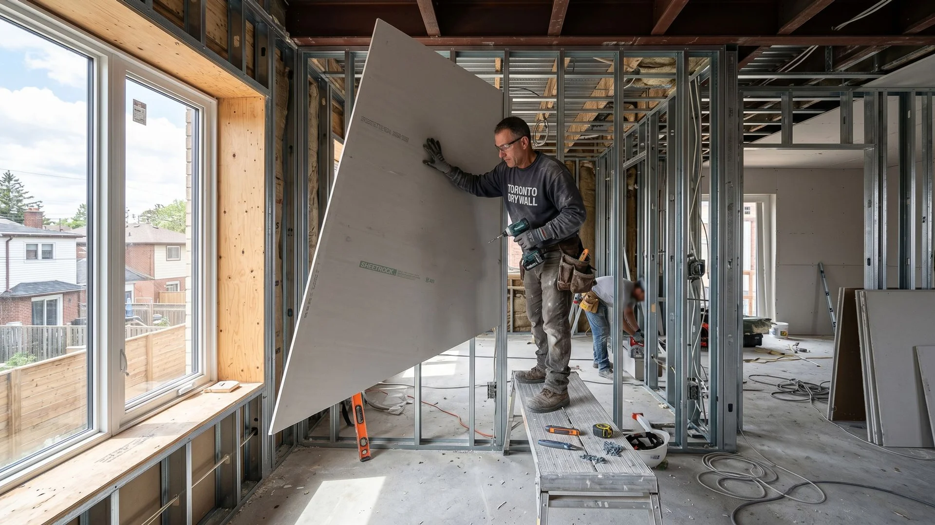 Drywall installation in Toronto using gypsum panels on steel stud framing