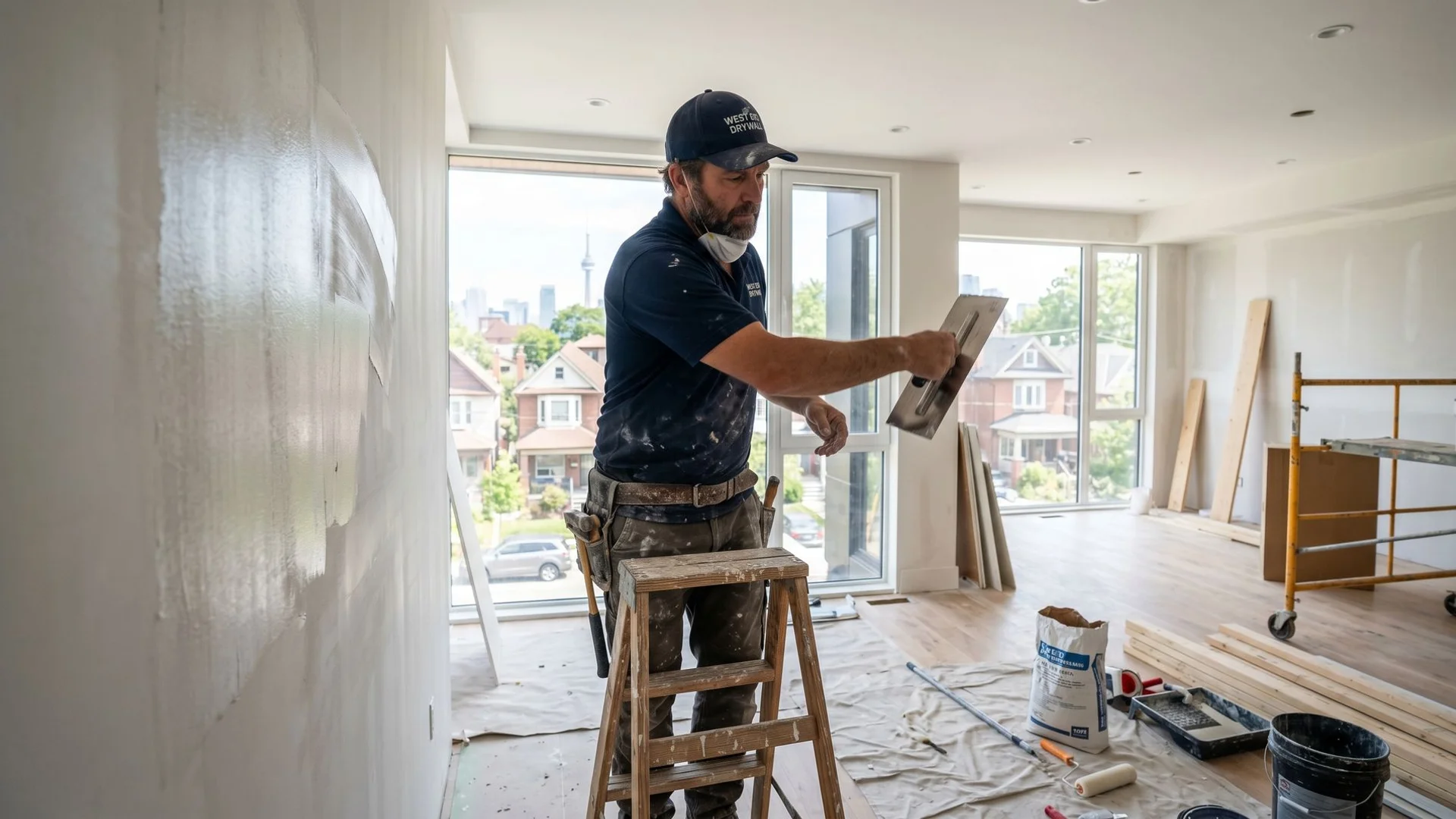 Toronto drywall contractor finishing a smooth Level 5 wall in a modern GTA home