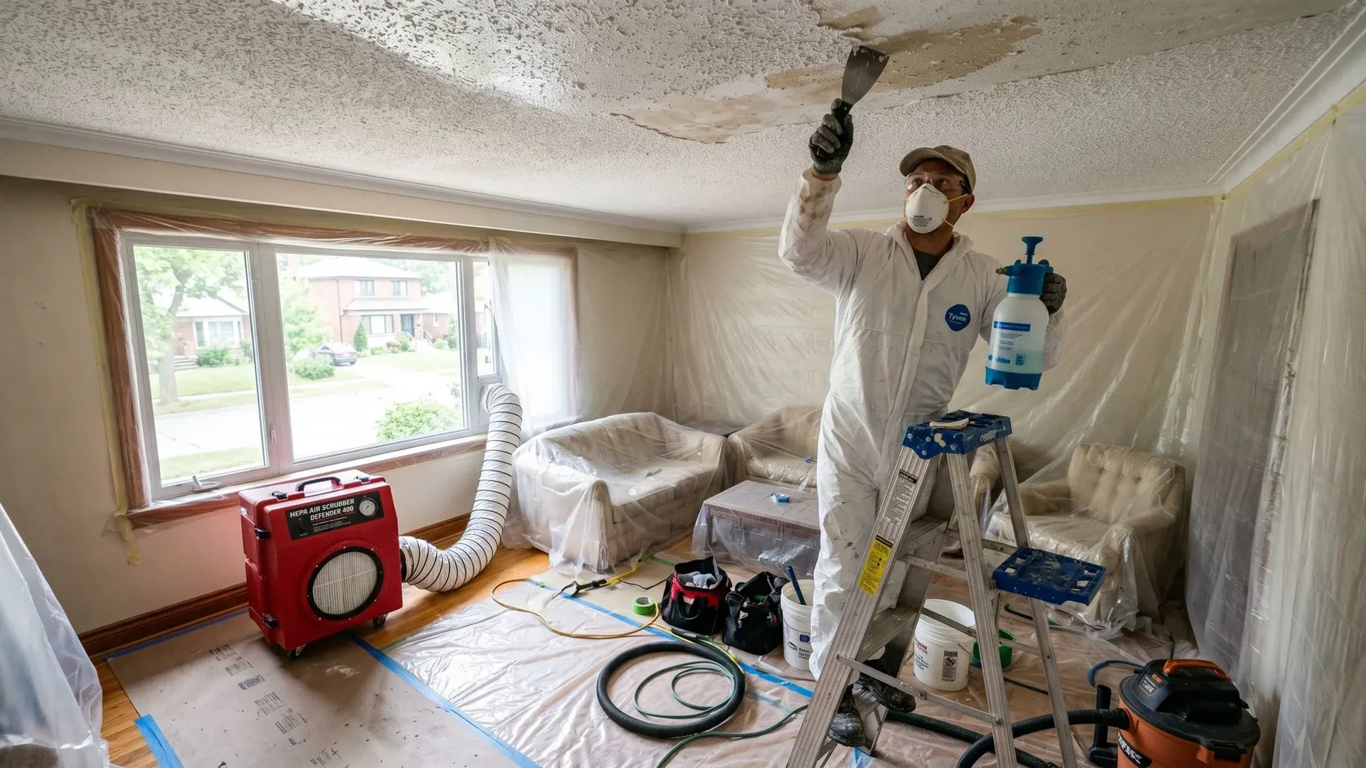 Dustless popcorn ceiling removal in Toronto with HEPA filtration